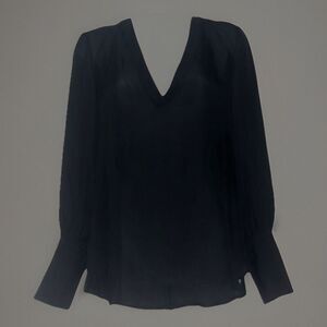 Nili Lotan (Small) Womens Silk Long Sleeve V Neck Sheer Blouse Black Minimalist